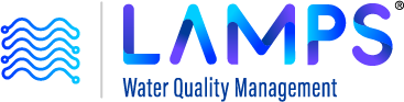 Logo for LAMPS Water Quality Management featuring stylised blue wave lines on the left and gradient blue and purple text on the right, with a registered trade mark symbol, emphasising energy efficiency.