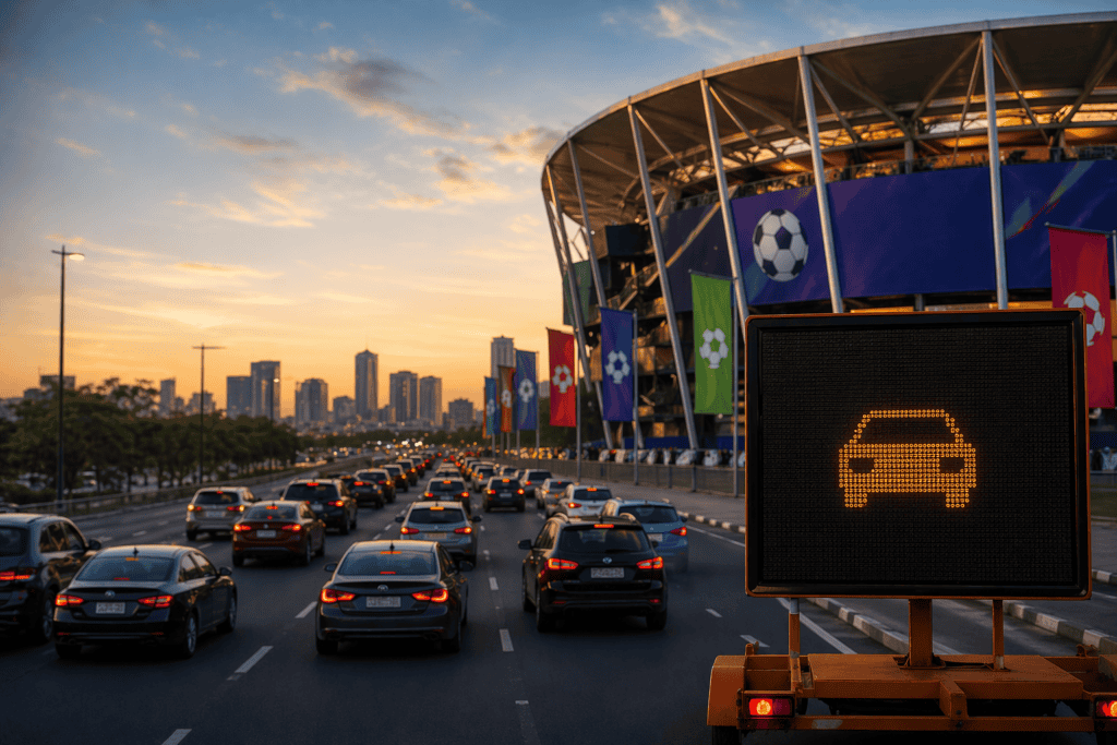 Au coucher du soleil, des voitures sont bloquées dans un embouteillage près d'un stade orné de banderoles sur le thème du football ; un panneau électronique affiche le symbole d'une voiture, signalant un bouchon plus loin.